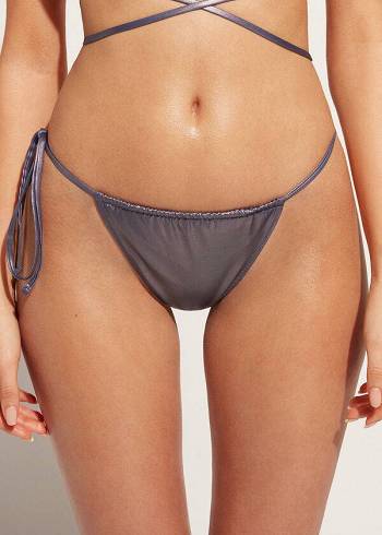 Dół Bikini Damskie Calzedonia Coated-Effect String Stringi Daytona Niebieskie | PL1368LH