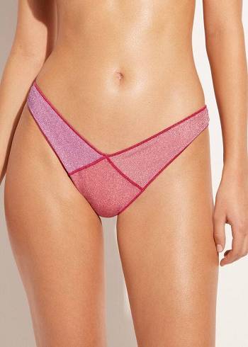 Dół Bikini Damskie Calzedonia High Cut Brazilian Lamé Lisbona Różowe | PL1392JJ