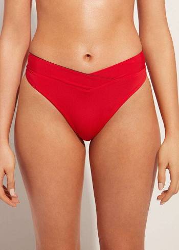 Dół Bikini Damskie Calzedonia High-Stanem V-Cut Brazilian Indonesia Czerwone | PL1465SO