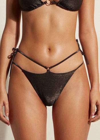 Dół Bikini Damskie Calzedonia Lamé Brazilian Side String Hollywood Czarne | PL1485YU