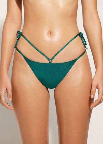 Dół Bikini Damskie Calzedonia Lamé Brazilian Side String Hollywood Zielone | PL1486UT