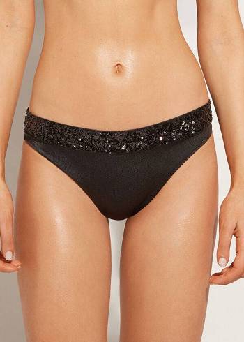 Dół Bikini Damskie Calzedonia Sequined Cannes rosa Czarne | PL1539IS