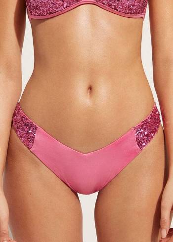 Dół Bikini Damskie Calzedonia Sequined High-Cut Brazilian Cannes Cheeky Różowe | PL1546GL