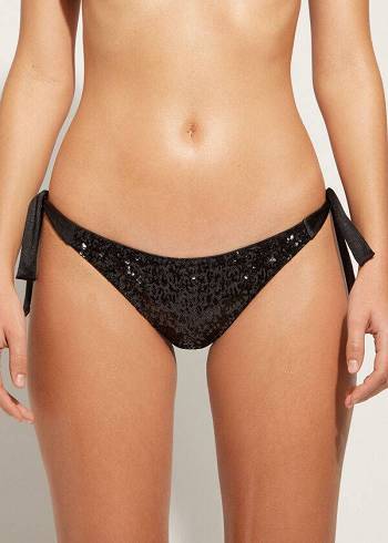 Dół Bikini Damskie Calzedonia Sequined Side-Tie Cannes Czarne | PL1549KI