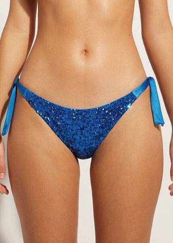 Dół Bikini Damskie Calzedonia Sequined Side-Tie Cannes Niebieskie | PL1551ZG