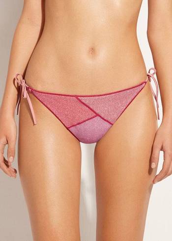 Dół Bikini Damskie Calzedonia String Tie Lamé Lisbona Różowe | PL1621SO