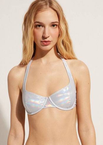 Góra Bikini Damskie Calzedonia Coated-Effect Balconette Daytona Srebrne | PL1699SO