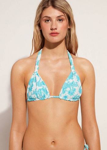 Góra Bikini Damskie Calzedonia Triangle String Sorrento Niebieskie | PL2059IS