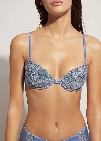 Góra Bikini Damskie Calzedonia Watowany Push-Up Cannes Niebieskie | PL1839CE