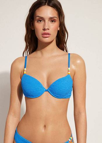 Góra Bikini Damskie Calzedonia Watowany Push-Up San Diego Niebieskie | PL1878OR