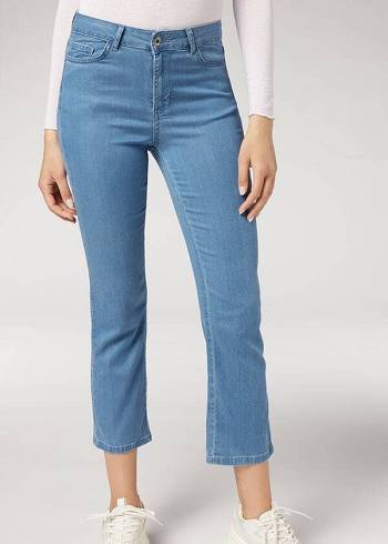 Jeansy Damskie Calzedonia Eco Light Flared Cropped Denim Niebieskie | PL2570HK