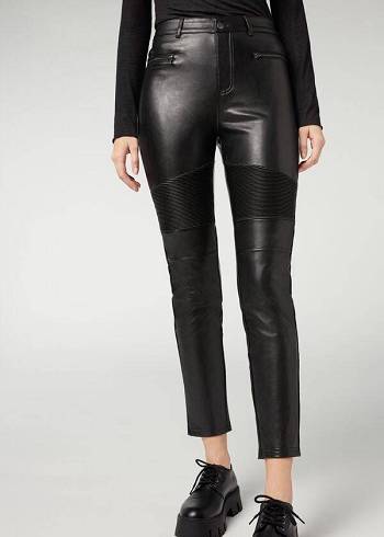 Legginsy Damskie Calzedonia Coated Thermal Chudy Motocyklowe Czarne | PL2632UT