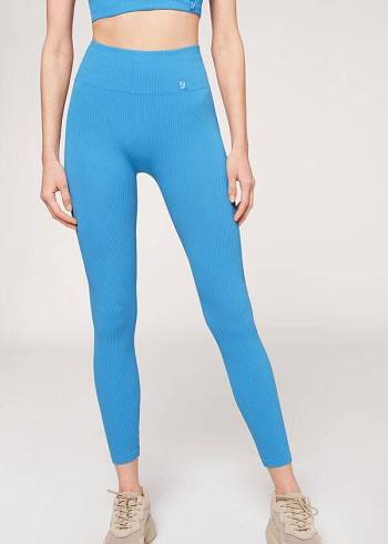 Legginsy Damskie Calzedonia Fine Żebrowany Seamless Sportowe Niebieskie | PL2647PQ