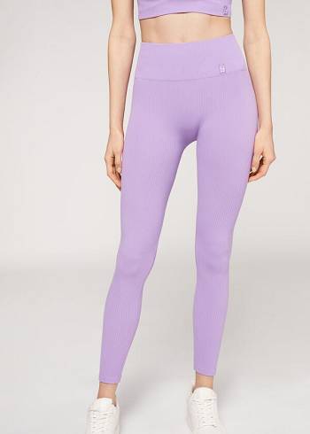 Legginsy Damskie Calzedonia Fine Żebrowany Seamless Sportowe Fioletowe | PL2650UT