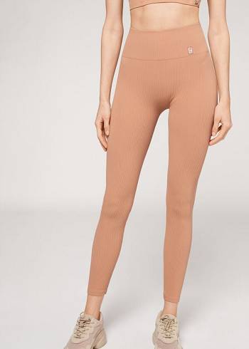 Legginsy Damskie Calzedonia Fine Żebrowany Seamless Sportowe Beżowe | PL2651YU