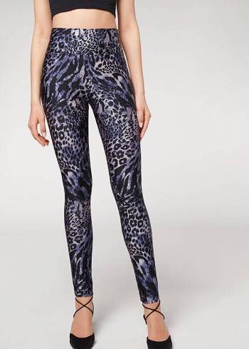 Legginsy Damskie Calzedonia Shiny Animal-Print Sportowe Niebieskie Szare | PL2680EX