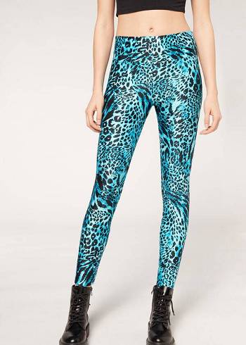 Legginsy Damskie Calzedonia Shiny Animal-Print Sportowe Turkusowe | PL2681WY