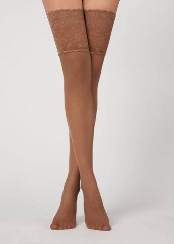 Pończochy Damskie Calzedonia 20 Denier Opaque Thigh-Highs Khaki | PL1239ZG