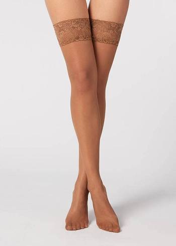 Pończochy Damskie Calzedonia 20 Denier Sheer Thigh-Highs Brązowe | PL1247WY