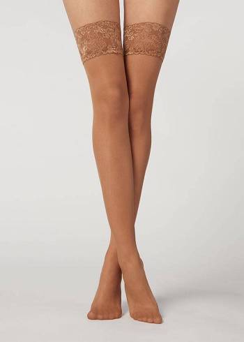 Pończochy Damskie Calzedonia 20 Denier Sheer Thigh-Highs Beżowe Brązowe | PL1250TV