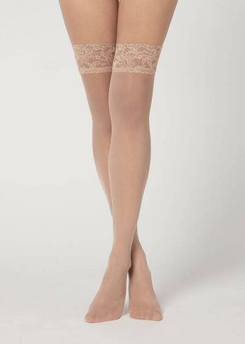 Pończochy Damskie Calzedonia 20 Denier Sheer Thigh-Highs Beżowe | PL1251YU