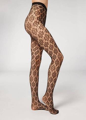 Rajstopy Damskie Calzedonia Floral-Motif Fishnet Patterned Czarne | PL1101SO