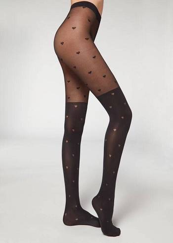 Rajstopy Damskie Calzedonia Longuette-Effect Mini Heart-Motif Patterned Czarne | PL1111CE