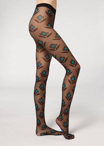 Rajstopy Damskie Calzedonia Macro Daisy Micronet Patterned Czarne Niebieskie | PL1113BC