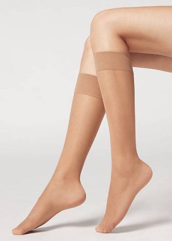 Skarpety Damskie Calzedonia 20 Denier Komfort Cuff Knee-Highs Sheer Beżowe | PL2301HK