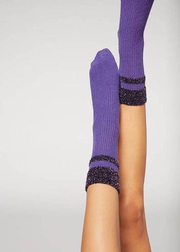 Skarpety Damskie Calzedonia Cashmere Krótkie with Glitter Trim Fioletowe | PL2357XF