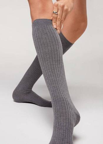 Skarpety Damskie Calzedonia Long Żebrowany Cashmere Szare | PL2244AP