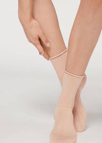 Skarpety Damskie Calzedonia Non-Elastic Bawełniane Ankle Krótkie Beżowe | PL2460CE