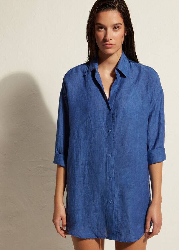 Cover Ups Damskie Calzedonia Linen Shirt Niebieskie | PL2091FM