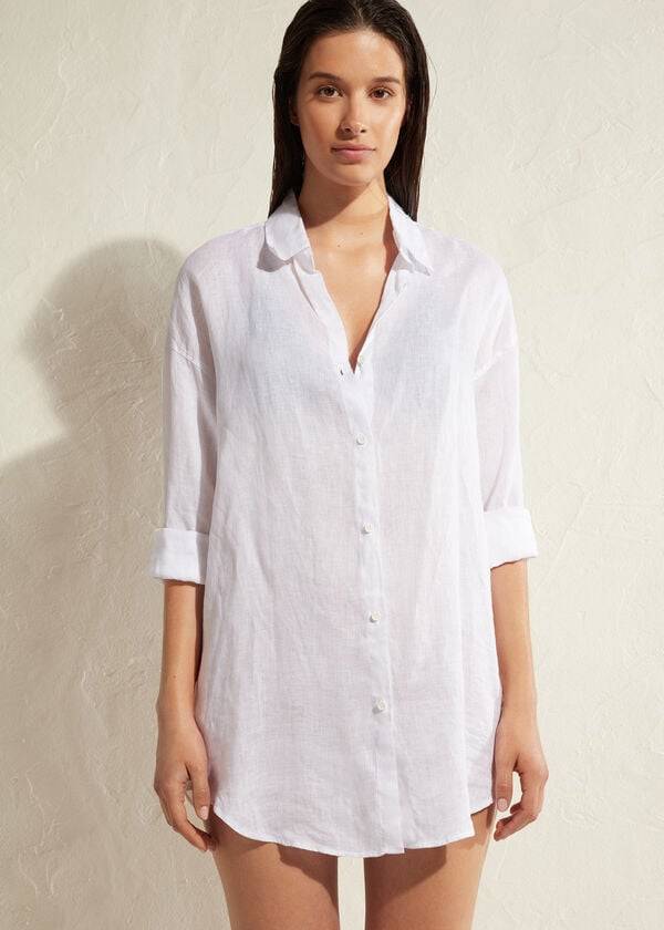 Cover Ups Damskie Calzedonia Linen Shirt Białe | PL2093HK