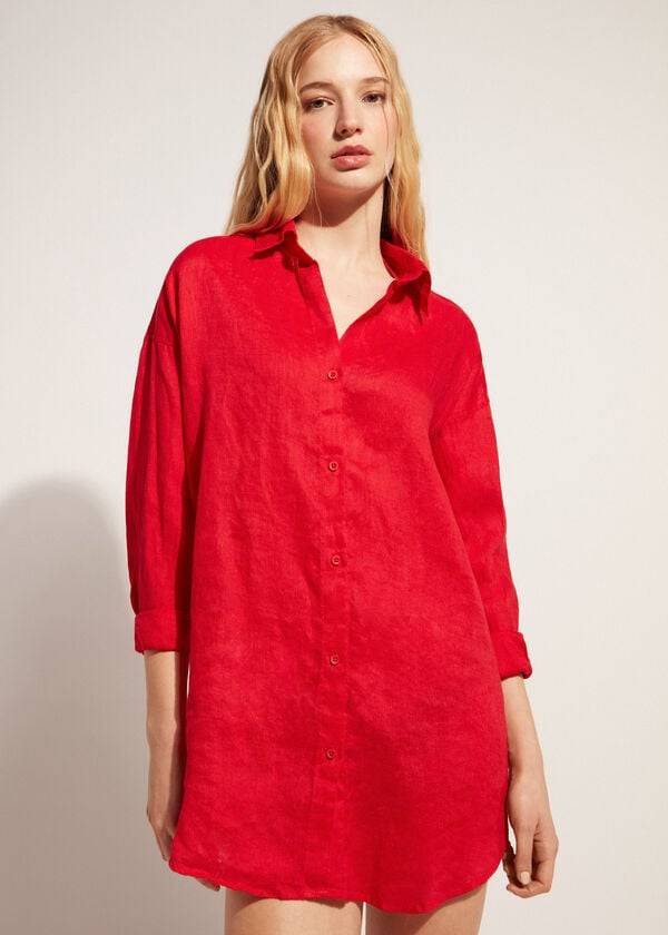 Cover Ups Damskie Calzedonia Linen Shirt Czerwone | PL2095KI