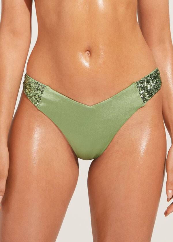 Dół Bikini Damskie Calzedonia Sequined High-Cut Brazilian Cannes Zielone | PL1544DN