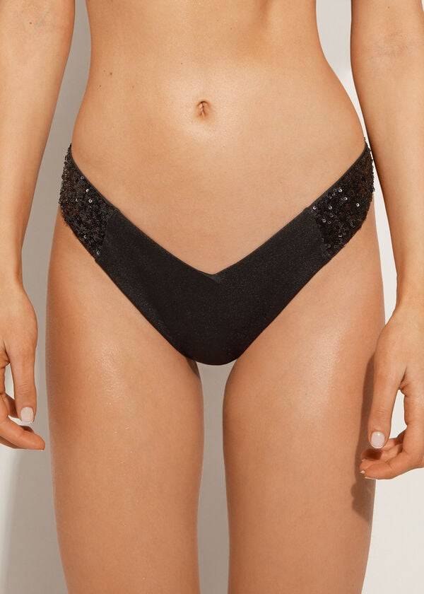 Dół Bikini Damskie Calzedonia Sequined High-Cut Brazilian Cannes Cheeky Czarne | PL1545FM