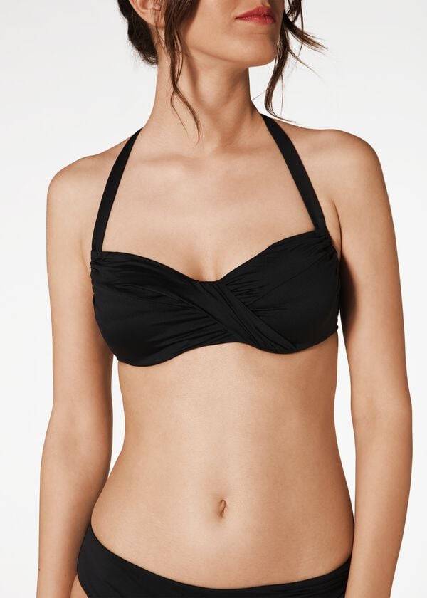 Góra Bikini Damskie Calzedonia Indonesia C-Cup Balconette Drawstring Czarne | PL1771YU