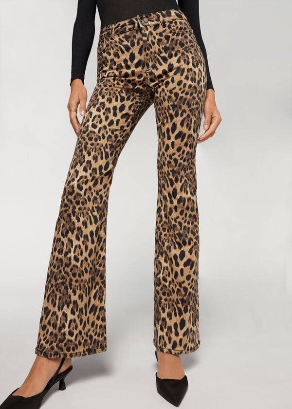 Jeansy Damskie Calzedonia Animal Print Flared Brązowe | PL2561NB