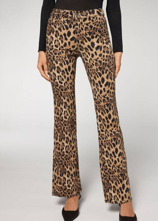 Jeansy Damskie Calzedonia Animal Print Flared Brązowe | PL2561NB