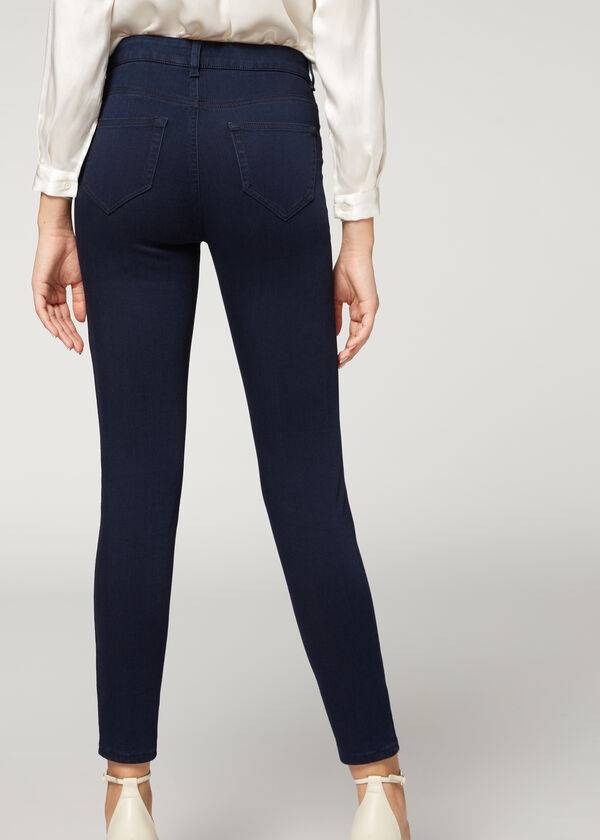 Jeansy Damskie Calzedonia Soft Touch Thermal Chudy Granatowe | PL2611QZ