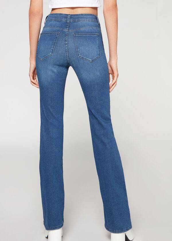 Jeansy Damskie Calzedonia Super Flex Denim High Stanem Bootcut Niebieskie | PL2614BC