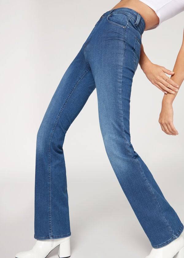 Jeansy Damskie Calzedonia Super Flex Denim High Stanem Bootcut Niebieskie | PL2614BC