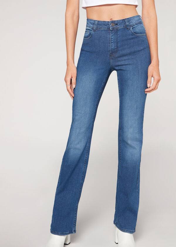 Jeansy Damskie Calzedonia Super Flex Denim High Stanem Bootcut Niebieskie | PL2614BC