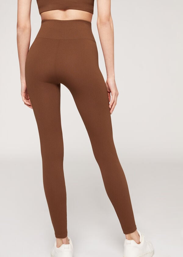 Legginsy Damskie Calzedonia Fine Żebrowany Seamless Sportowe Brązowe | PL2649IS