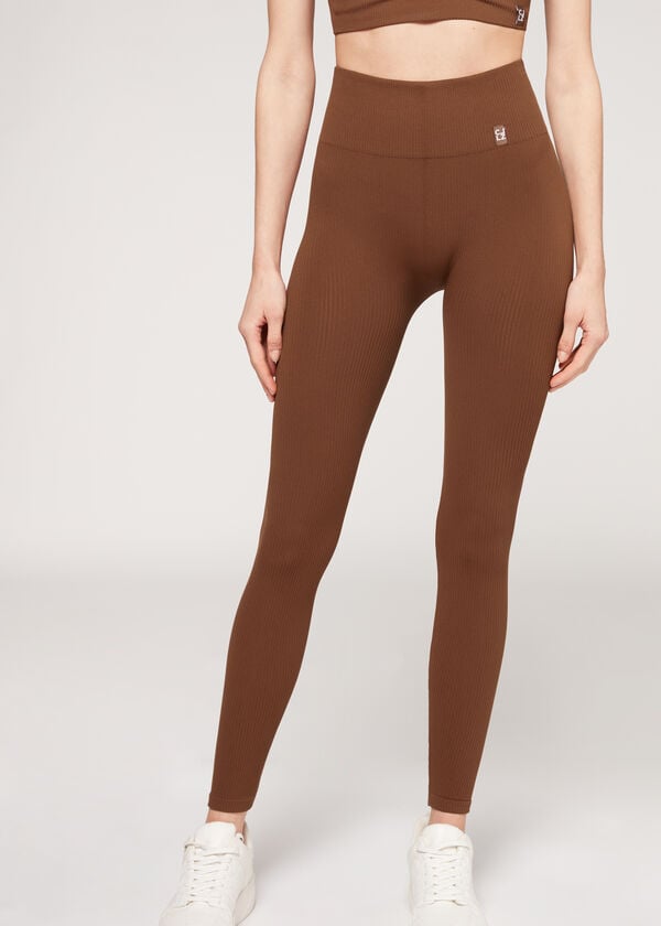 Legginsy Damskie Calzedonia Fine Żebrowany Seamless Sportowe Brązowe | PL2649IS