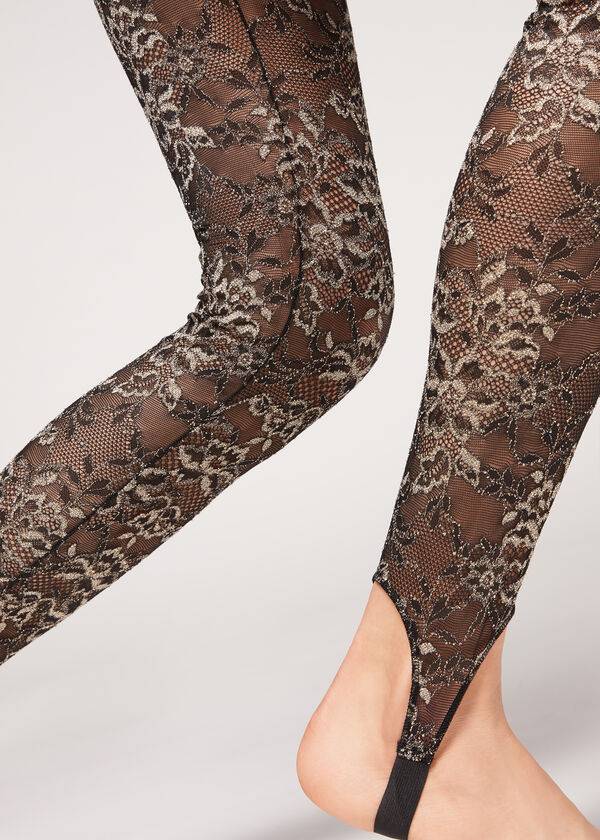 Legginsy Damskie Calzedonia Glitter Koronkowe Stirrup Brązowe Czarne | PL2655WY