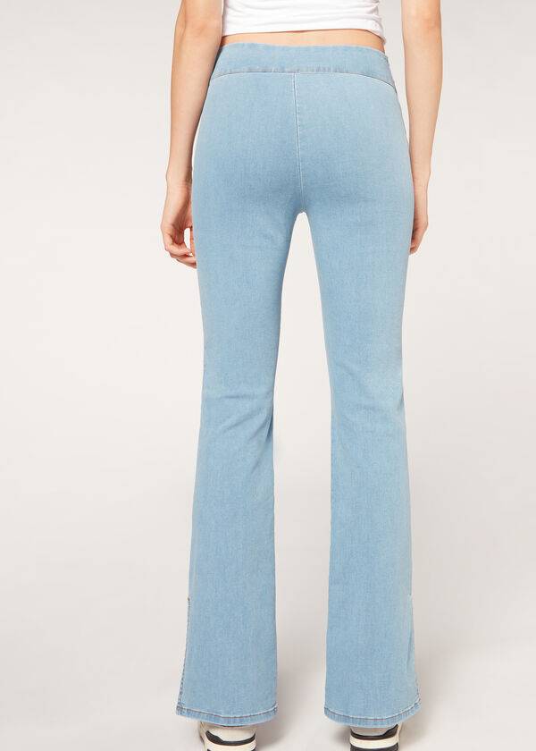 Legginsy Damskie Calzedonia High-Stanem Flared in Denim with Slits Niebieskie | PL2660VD