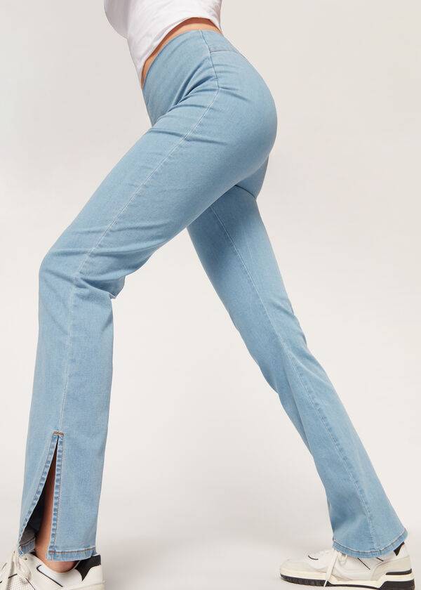 Legginsy Damskie Calzedonia High-Stanem Flared in Denim with Slits Niebieskie | PL2660VD