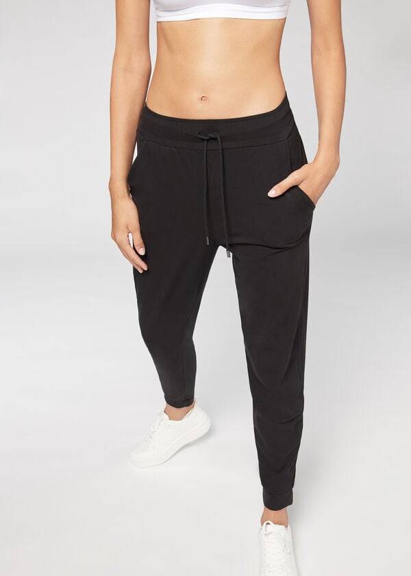 Legginsy Damskie Calzedonia Jogger in Ultra Light Supima Bawełniane Czarne | PL2662XF